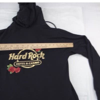 Hard Rock Tulsa Zip Up Hoodie Womens Large Black Gold Foil Rose Sequin - Thumbnail 7