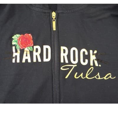 Hard Rock Tulsa Zip Up Hoodie Womens Large Black Gold Foil Rose Sequin - Thumbnail 6