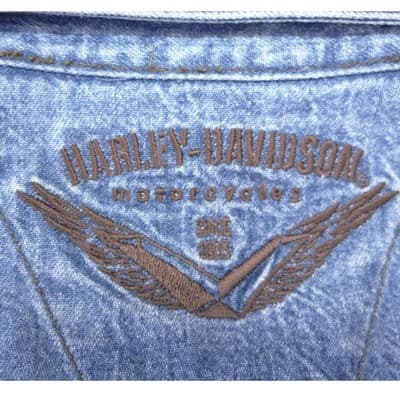 Harley Davidson Mens Blue Denim Long Sleeve Button Up Shirt Embroidered Logo - Thumbnail 4