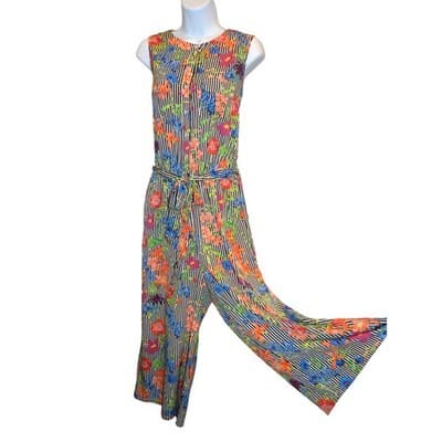 SPENSE Black White Stripe Floral Print Maxi Jumpsuit Women's M Sleeveless Belted - Thumbnail 4