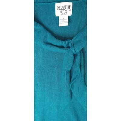 Gervele Teal Blue Ribbed Knit Mock Neck Tie Neck Sweater Top Women's Medium - Thumbnail 2