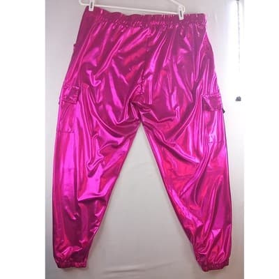 Womens Shiny Pink Cargo Joggers Metallic Shiny Pants Festival Rave - Thumbnail 3