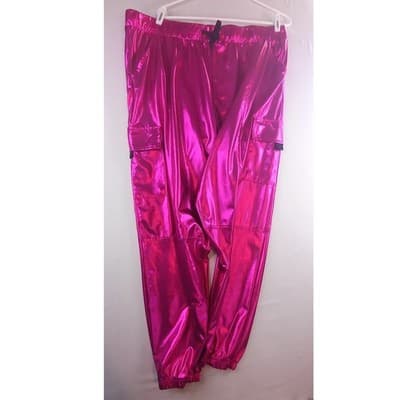 Womens Shiny Pink Cargo Joggers Metallic Shiny Pants Festival Rave - Thumbnail 2