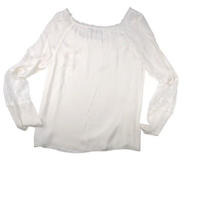 Vintage Cream Off White Lace Trimmed Sheer Blouse Women's Elegant Sheer Top - Thumbnail 3