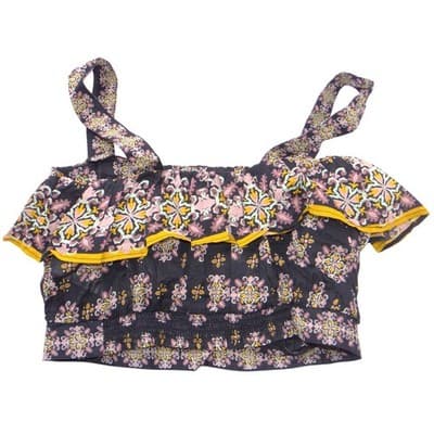 Free People Medallion Print Ruffle Crop Top Navy Pink Yellow Smocked Small - Thumbnail 3