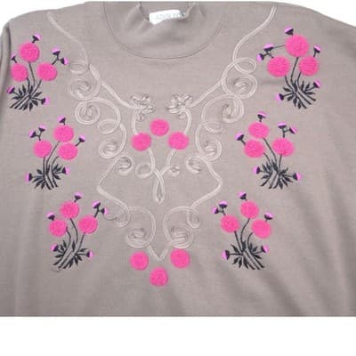 Adolfo Sport Vintage Mock Neck Sweatshirt Taupe Pink Floral Embroidered Medium - Thumbnail 4