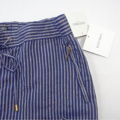 NWT-Ellen Tracy Linen Striped Drawstring Pants Navy Gold Metallic Joggers L - Thumbnail 5