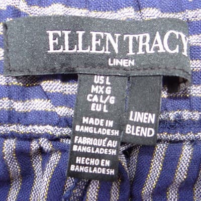 NWT-Ellen Tracy Linen Striped Drawstring Pants Navy Gold Metallic Joggers L - Thumbnail 2