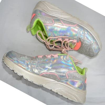 Skechers Girls Silver Holographic Glitter Rainbow Lace Up Sneakers Shoes Sz 5 US - Thumbnail 2