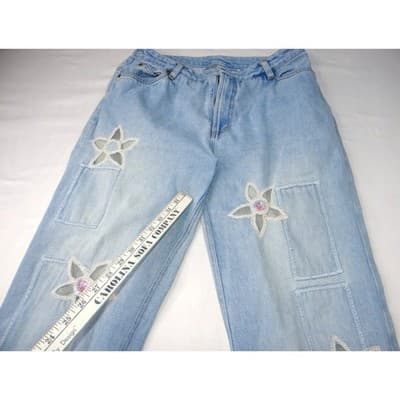 Jeanology Newport News Womens Jeans Star Mesh Cutouts Embellished Denim Sz 16 - Thumbnail 3