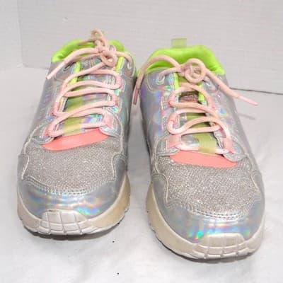 Skechers Girls Silver Holographic Glitter Rainbow Lace Up Sneakers Shoes Sz 5 US - Thumbnail 4