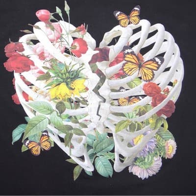 27Club Mens 2XL Black Graphic T-Shirt Broken Heart Rib Cage Floral Butterfly - Thumbnail 4