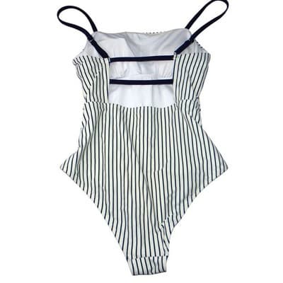 Navy Blue White Striped Ruched One Piece Swimsuit Square Neck Nautical Summer S - Thumbnail 2