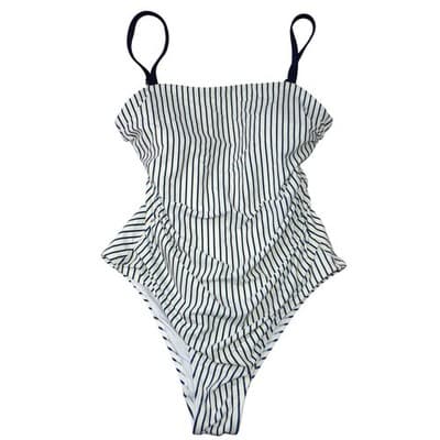 Navy Blue White Striped Ruched One Piece Swimsuit Square Neck Nautical Summer S