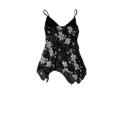 Y2k Black Floral Print Tank Flowy Handkerchief Hem Tank Top Women's Size Small - Thumbnail 4