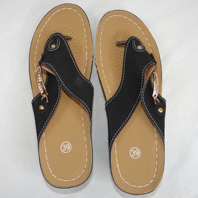 New Womens Black Wedge Thong Sandals Rhinestone Accent Comfort Slip On Size 8.5 - Thumbnail 4