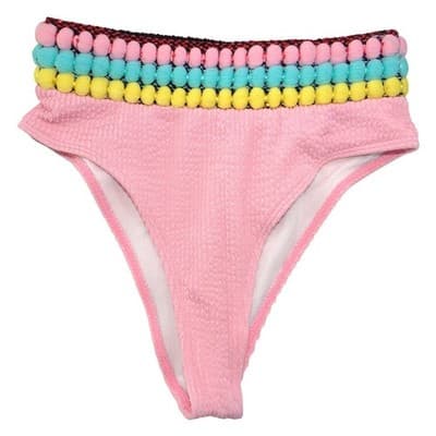 Pink Smocked One Shoulder Pom Pom Bikini Set Medium Seersucker 2 Piece Swimsuit - Thumbnail 7