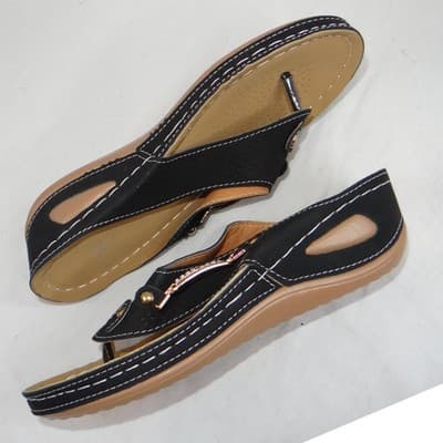 New Womens Black Wedge Thong Sandals Rhinestone Accent Comfort Slip On Size 8.5 - Thumbnail 2