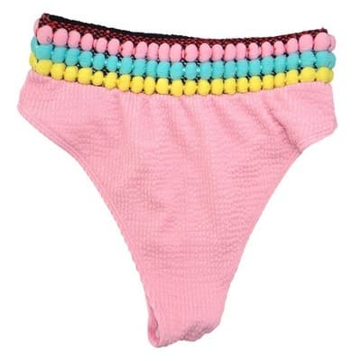 Pink Smocked One Shoulder Pom Pom Bikini Set Medium Seersucker 2 Piece Swimsuit - Thumbnail 9