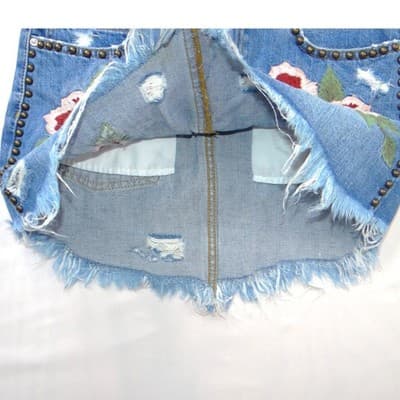Free People Embroidered Rose Studded Distressed Denim Mini Skirt Blue Size 26 - Thumbnail 4