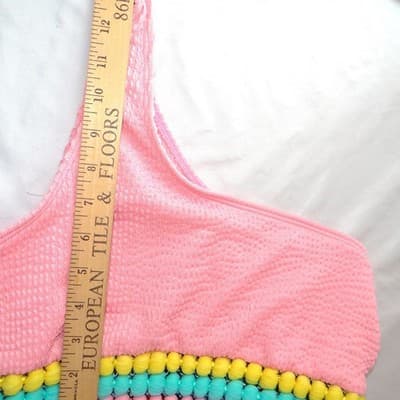 Pink Smocked One Shoulder Pom Pom Bikini Set Medium Seersucker 2 Piece Swimsuit - Thumbnail 6