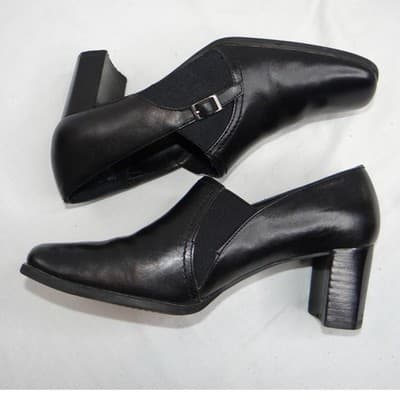 Liz Baker Black Leather Ankle Booties Block Heel Buckle Slip On Women 7.5 M B - Thumbnail 2