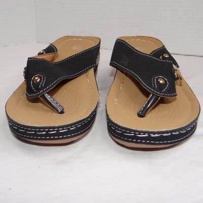 New Womens Black Wedge Thong Sandals Rhinestone Accent Comfort Slip On Size 8.5 - Thumbnail 5