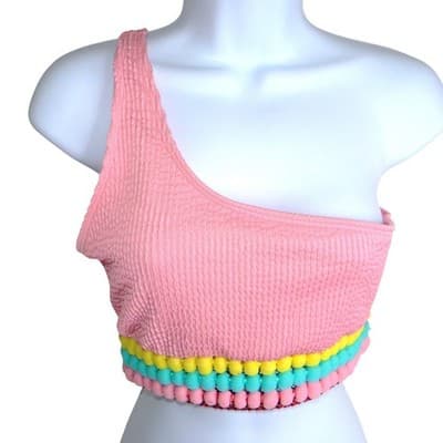 Pink Smocked One Shoulder Pom Pom Bikini Set Medium Seersucker 2 Piece Swimsuit - Thumbnail 2