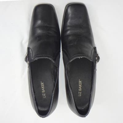 Liz Baker Black Leather Ankle Booties Block Heel Buckle Slip On Women 7.5 M B - Thumbnail 3
