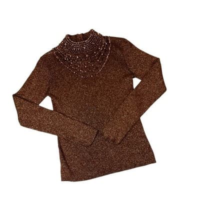 23rd Street Brown Metallic Beaded Mock Neck Long Sleeve Sweater Top Women's Med - Thumbnail 4