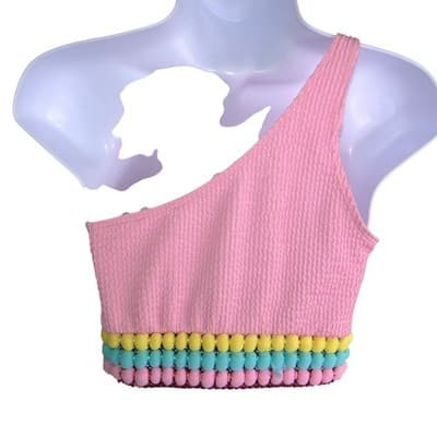 Pink Smocked One Shoulder Pom Pom Bikini Set Medium Seersucker 2 Piece Swimsuit - Thumbnail 4