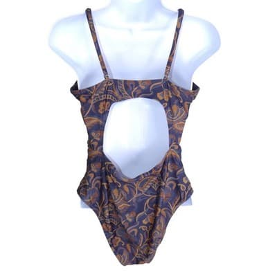 Womens Blue Gold Floral Paisley Ruched One Piece Swimsuit Open Back Keyhole L - Thumbnail 2