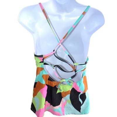 Hula Honey Womens Abstract Print Lace Up Strappy Back Tankini Top Multicolor L - Thumbnail 3