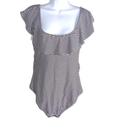 Gap Womens Black White Striped Ruffle Flutter Sleeve One Piece Swimsuit Size L