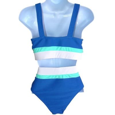 Blue Colorblock Ribbed High Waisted Bikini Set Sporty Two Piece Swimsuit - Thumbnail 2