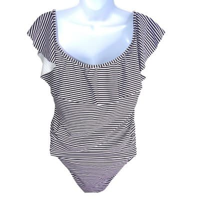 Gap Womens Black White Striped Ruffle Flutter Sleeve One Piece Swimsuit Size L - Thumbnail 3