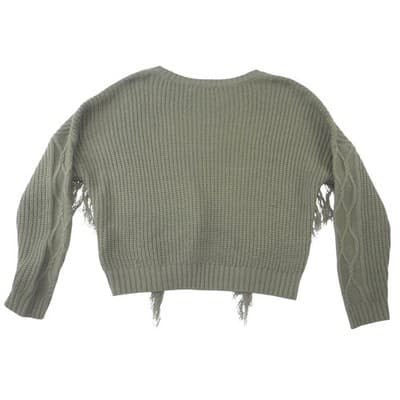 No Comment Womens Olive Green Cable Knit Fringe Sweater Crew Neck Pullover L - Thumbnail 3