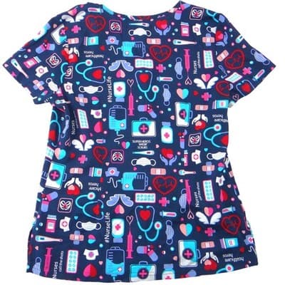 Koi Basics Womens XS Navy Blue Medical Print V-Neck Scrub Top Nurses Hero - Thumbnail 3