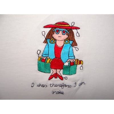 White Embroidered T Shirt Funny Quote I Shop Therefore I Am Broke Graphic Tee - Thumbnail 3