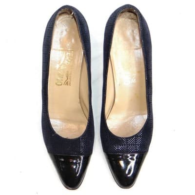 Salvatore Ferragamo Navy Suede Cap Toe Block Heel Pumps Shoes Womens Size 9 AA - Thumbnail 5