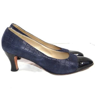 Salvatore Ferragamo Navy Suede Cap Toe Block Heel Pumps Shoes Womens Size 9 AA - Thumbnail 3