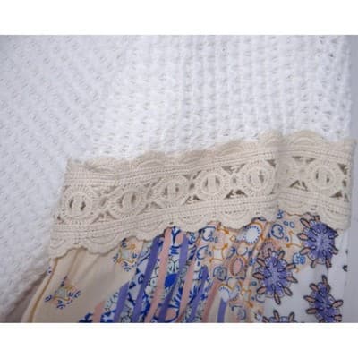 TRESICS White Waffle Knit Crochet Lace Patchwork Sleeve Sweater Women - Thumbnail 4