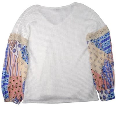 TRESICS White Waffle Knit Crochet Lace Patchwork Sleeve Sweater Women - Thumbnail 3
