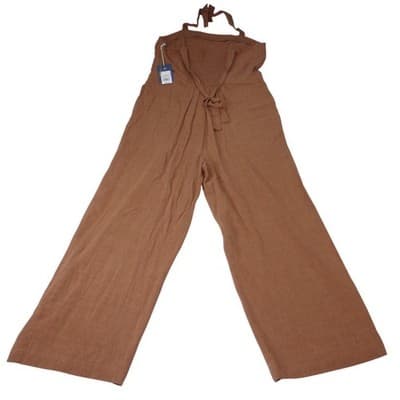 NWT-Universal Thread Women Brown Wide Leg Jumpsuit Smocked Tie Neck Size M - Thumbnail 5