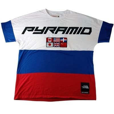 Black Pyramid Sport TShirt Mens XXXL White Blue Red Color Block Flag Patch