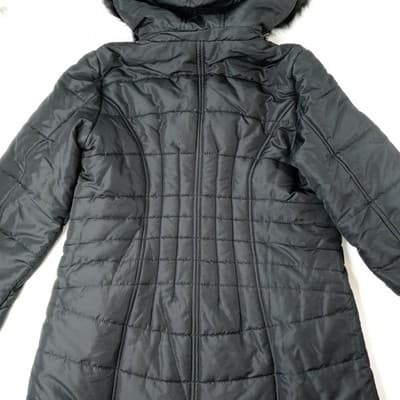 NWT Vintage Womens Black Quilted Long Coat Removable Hood Faux Fur Trim Medium - Thumbnail 5