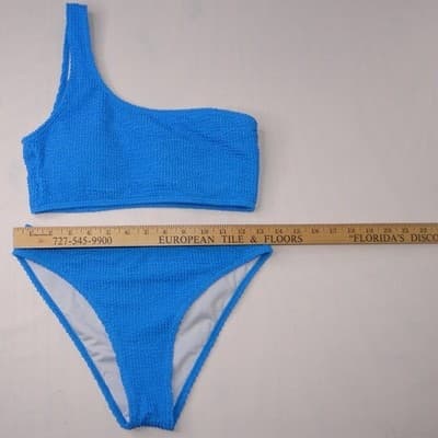 Blue Textured One Shoulder Bikini Swimsuit Set Women's Size Medium - Thumbnail 9