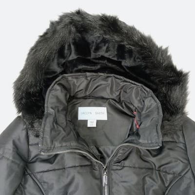 NWT Vintage Womens Black Quilted Long Coat Removable Hood Faux Fur Trim Medium - Thumbnail 2