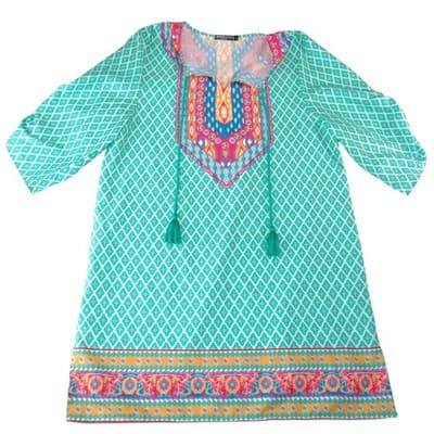 Urban Coco Womens Teal Pink Geometric Boho Tassel Tunic Dress Size L
