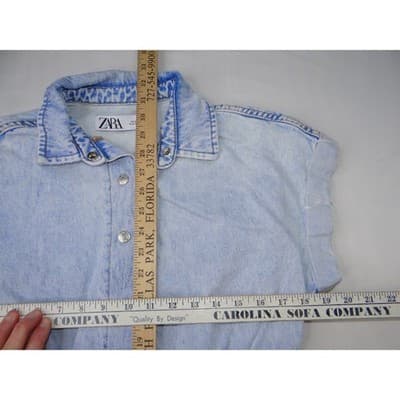 ZARA Acid Wash Denim Collared Button Front Elastic Waist Shortall Romper Size S - Thumbnail 6